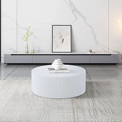 JURMALYN Modern Coffee Table White Round Wooden Drum Coffee Tables Oversize Circle Side Tables Accent End Table Set for Living Room Apartment Mall (Matte White)