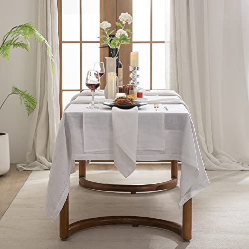 EVERLY Pure Linen Hemstitch Tablecloth,100% Stonewashed French Linen tablecloths for Kitchen Dining Rectangle Tables,60x144Inch Machine Washable Christmas Thanksgiving Organic Tablecloth-White