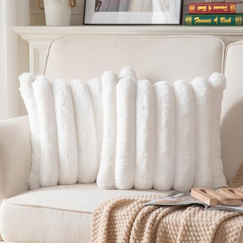 Joyouth Faux Fur Plush Throw Pillow Covers 26x26 Inch Set of 2 - Luxury Decorative Fuzzy Striped Soft Cozy Pillowcase for Couch, Sofa, Living Room - Cream White