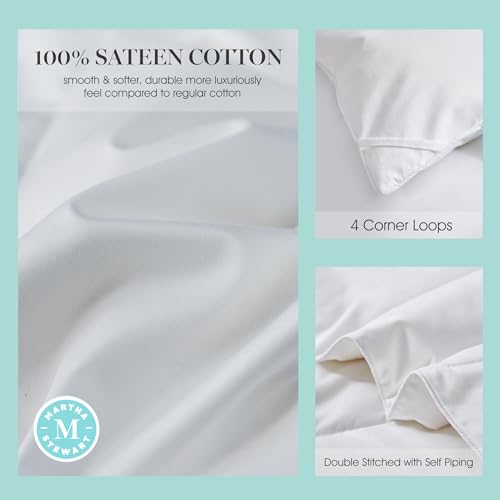 MARTHA STEWART 650 Fill Power Luxury Fluffy White Down Comforter - 300 Thread Count 100% Sateen Cotton Bedding Comforter, Light Warmth Duvet Insert with Corner Loops King Size Made in USA - 106" x 90"