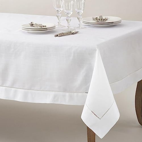 MingHing Linen Tablecloths, 90" x 162" Table Cloth White Linen Handmade Hemstitched Tablecloth 100% Pure Linen Rectangle Tablecloth for Spring,Easter,Summer,Wedding,Indoor,Outdoor Machine Washable