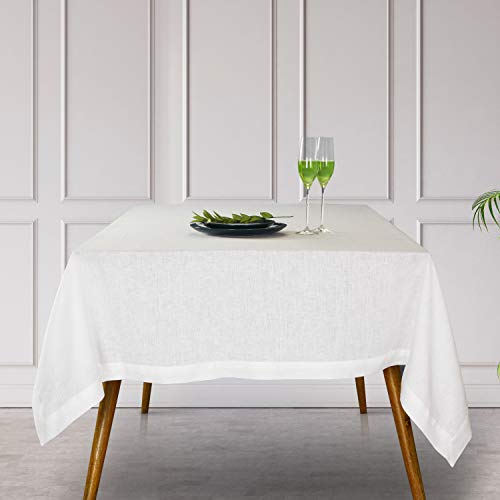 D'Moksha White Tablecloth 60 x 120 Inch, Pure Linen Tablecloth 120 Inches Long, Christmas Tablecloth, Rectangle Tablecloth for Fall, Thanksgiving - Machine Washable, Earth Friendly - Hemmed