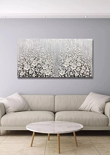 V-inspire Art, 30x60 Inch Hand Painted 3D White Flowers Wall Art Abstract Canvas Oil Paintings Wall Decorations for Living room Dining room Bedroom Artwork for Home Walls