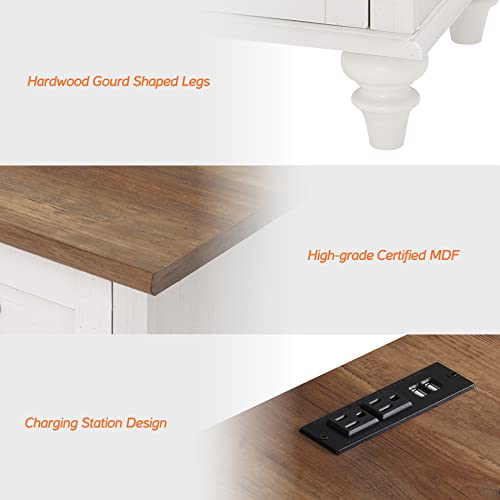 WAMPAT White End Table with Charging Station, Set of 2 Nightstands with Drawers, Mid Century Side Table with 2 Power Outlets & 2 USB Ports, Night Stand for Bedroom & Living Room