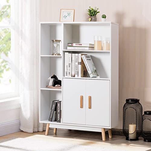 Giantex Storage Cabinet, Free Standing Pantry Cabinet with 2 Door Cabinet and 5 Shelves, Home Office Furniture Bookcase, Side Cabinet, Cupboard, Wood Cube Organizer (White)