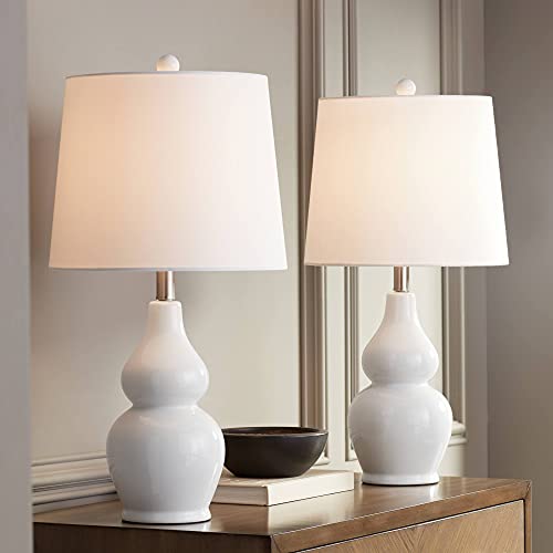 360 Lighting Jane Modern Table Lamps 25" Tall Set of 2 White Ceramic Double Gourd Fabric Tapered Drum Shade Decor for Bedroom Living Room House Home Bedside Nightstand Office Entryway Family