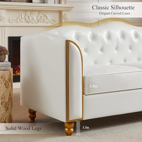 HITHOS 78" Leather Sofa Couch, Soft 3 Seater Sofa Couches for Living Room, Button Tufted Comfy Couch Modern Sofa with Upholstered Cushion, Gold Trim, Solid Wood Legs for Dorm Bedroom Apartment, White