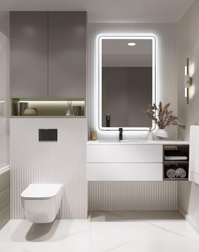 ANDY STAR Led Bathroom Mirror 24''x40'', Lighted Bathroom Vanity Mirror Rounded Rectangle, Glossy White Beveled Metal Frame, 3 Color Front Light+WRGB Backlit Stepless Dimmable, Anti-Fog, CRI>90