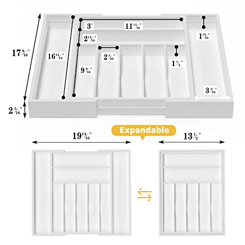 Utensil Organizer Silverware Drawer Organizer - Adjustable Utensil Tray Bamboo Silverware Divider with Groove for Kitchen Flatware, Hair Accessories, Repair Tools, Art Set W13.5"-19.9" x L17.6"(White)