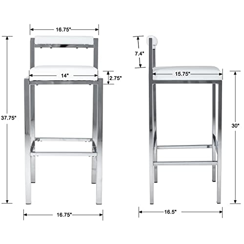 ZSARTS White Leather Bar Stools Set of 4, 30 Inch High Bar Chairs Modern Silver Barstools with Iron Back Upholstered Kitchen Island Stools with Footrest for Pub Coffee Home Dinning Kitchen (White)