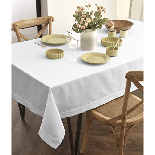 Solino Home Cotton Linen Tablecloth White – 60 x 104 Inch Tablecloth for Hanukkah, Christmas, Winter, Holiday – Machine Washable and Handcrafted from Natural Fabric – Dru