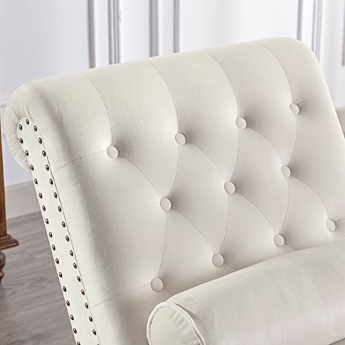 ONPNO Tufted Velvet Chaise Lounge Indoor, Leisure Accent Chair Upholstered Couch with Toss Pillow for Bedrooom Living (White) 55.1D x 25W x 34.3H in