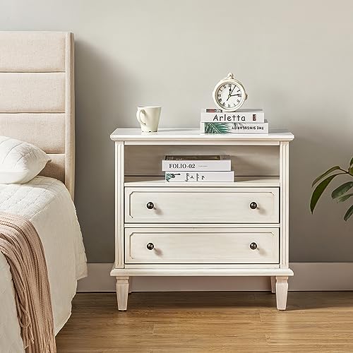 HULALA HOME End Table with Charging Station Set of 2, Farmhouse Nightstand with Open Space and 2 Drawers, Fluted Pilasters Design Chest of Drawers Bedside Table Dresser for Bedroom Living Room, White