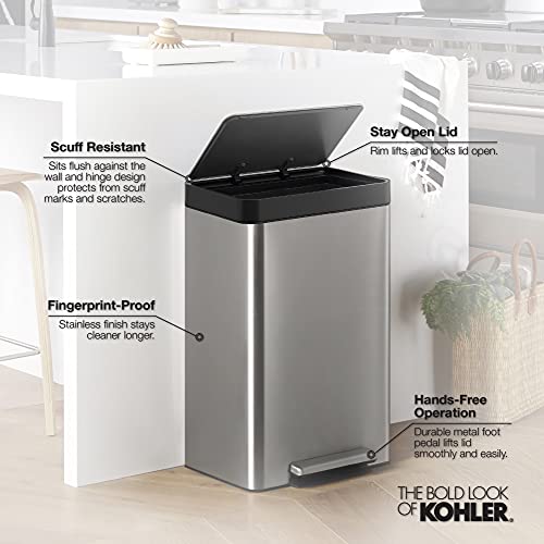 KOHLER K-20940-STW Kitchen Trash Can, 13 Gallon Step Trash Can with Quiet-Close Lid and Hand Free Foot Pedal in White Stainless Steel