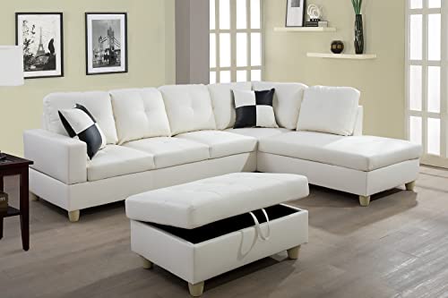 SIENWIEY White Sectional Sofa for Living Room,Faux Leather L Shape Sectional Couches for Living Room Set with Chaise and Storage Ottoman for Living Room Furniture Sets(White,Right Chaise)