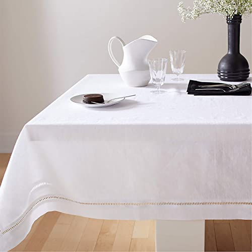 MingHing Linen Tablecloths, 90" x 162" Table Cloth White Linen Handmade Hemstitched Tablecloth 100% Pure Linen Rectangle Tablecloth for Spring,Easter,Summer,Wedding,Indoor,Outdoor Machine Washable