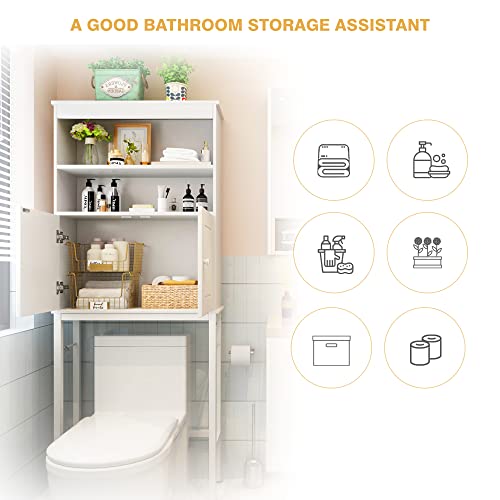 DMIDYLL Over The Toilet Storage Cabinet with Double Doors and Adjustable Shelves, Bathroom Storage Cabinet Over The Toilet, Toilet Organizer, White Wood