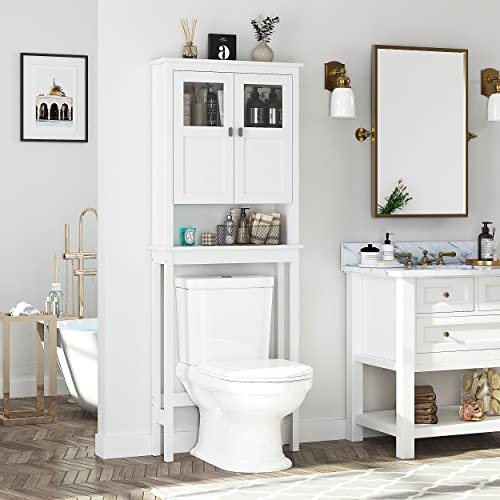 Spirich Bathroom Cabinet Over Toilet, Bathroom Storage Cabinet with Glass Doors and Adjustable Shelves, Over The Toilet Storage Cabinet, White