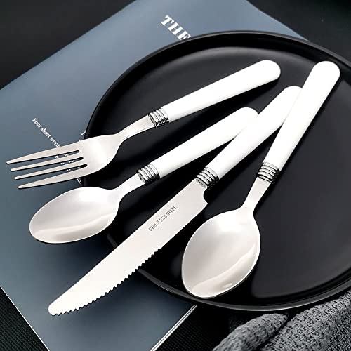 White Silverware Set for 8 Durable Stainless Steel Flatware Set 32 Piece Cutlery Tableware Utensils White Handle (ABS) Set Include Teaspoons Knives Forks and Spoons for Home Kitchen Christmas