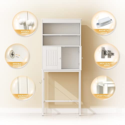 DMIDYLL Over The Toilet Storage Cabinet with Double Doors and Adjustable Shelves, Bathroom Storage Cabinet Over The Toilet, Toilet Organizer, White Wood