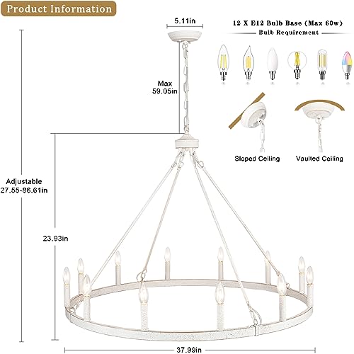 JDfeiFFF Wagon Wheel Chandelier 12 Lights 38-inch Large Vintage White Chandelier Farmhouse Chandelier for Dining Room Ceiling Pendant Light Fixture Living Room Kitchen Island