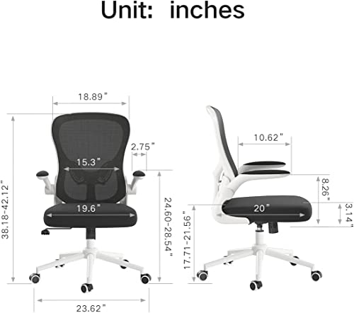 Hbada Office Chair Ergonomic Desk Chair, Office Desk Chairs with PU Silent Wheels, Breathable Mesh Computer Chair with Adjustable Lumbar Support, Flip-up Armrests, Tilt Function, White