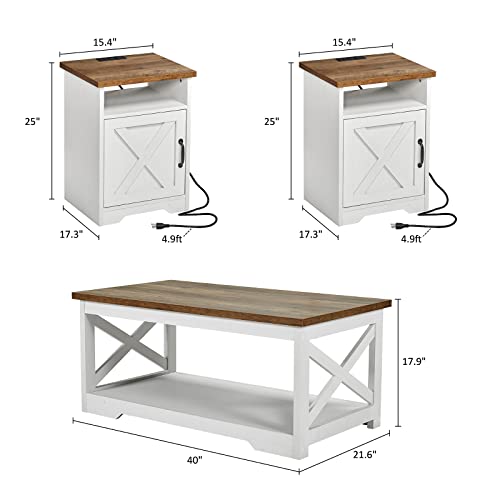 AMERLIFE 4-Piece Farmhouse Table Set for Living Room - Includes 54" Fireplace TV Stand, 1 X Coffee Table & 2 X End Tables with Charging Station, Rustic Oak & White