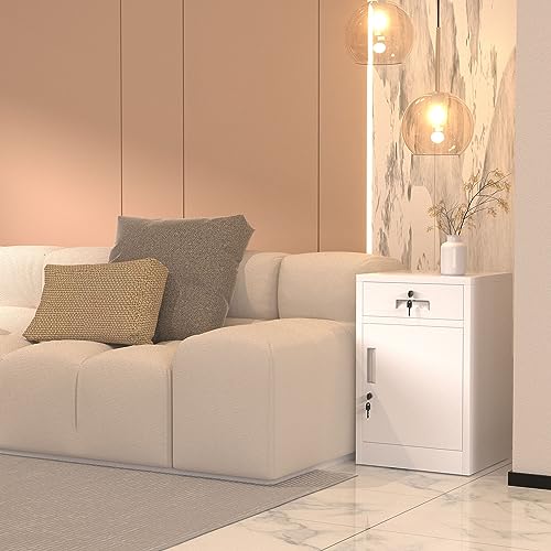 JINGUR Metal Storage Cabinet with Locking Door and Drawer, Lockable Drawer Chest with Adjustable Shelf for Home Office Bedroom Living Room (White)