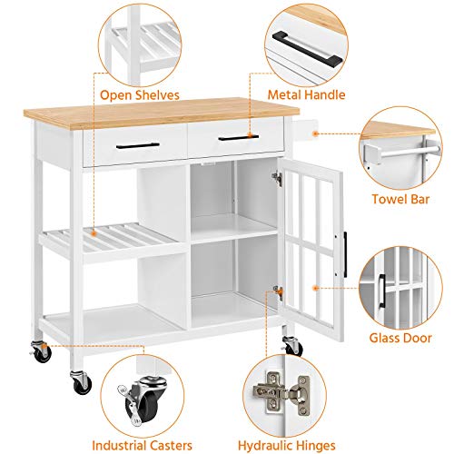 Yaheetech Kitchen Island on Wheels with Drawers, Rolling Kitchen Cart with Tempered Glass Storage Cabinet Door, Bamboo Top, 2 Tiers Shelves, and Towel Rack, 40x18x36 Inches, White