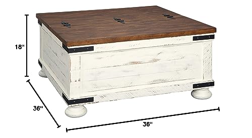 Signature Design by Ashley Wystfield Farmhouse Square Storage Coffee Table with Hinged Lift Top, Distressed White