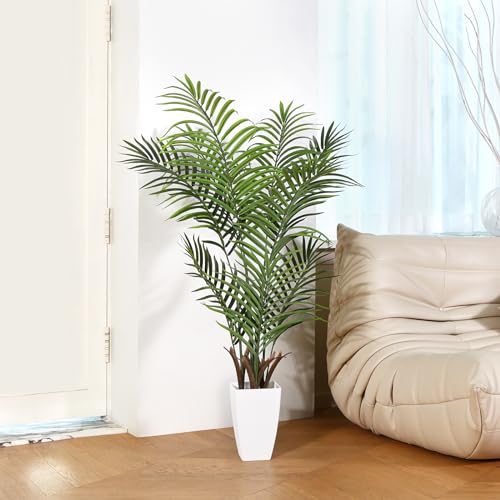 Kazeila Artificial Palm Tree 4FT Tall Faux Tropical Palm Plant with White Taper Planter Fake Greenery Potted Plant for Home Office Decor Indoor