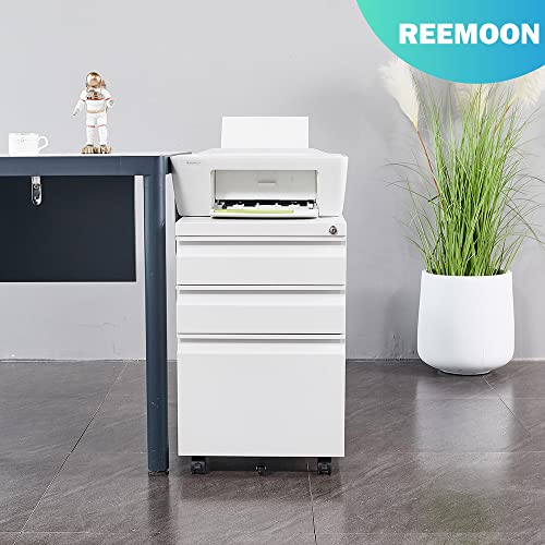 Reemoon Metal File Cabinet for Home Office, Under Desk Mobile File Storage Cabinet 3 Drawer, Small Rolling Filing Cabinet with Lock, White