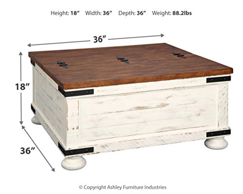 Signature Design by Ashley Wystfield Farmhouse Square Storage Coffee Table with Hinged Lift Top, Distressed White