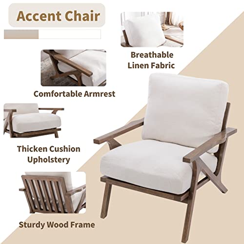 Mid Century Modern Accent Chair with Ottoman, Farmhouse Linen Upholstered Living Room Armchair and Ottoman Set, 23" Seat Wide Retro Leisure Lounge Chair with Wood Frame for Home, Bedroom, White