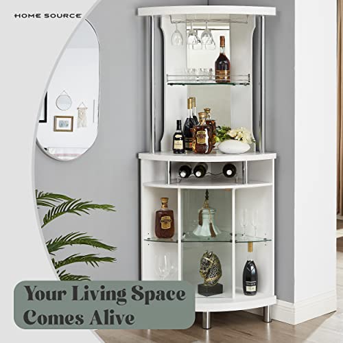 Home Source White Corner Bar Cart 72" Built-in Wine Rack, and Lower Glass Cabinet, Living Room, Home Office, Kitchen, Small Space