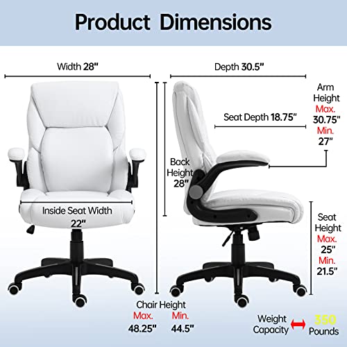 Leather Executive Office Chair- Ergonomic High Back PU Home Computer Desk Chair with Padded Flip-up Arms, Adjustable Height with Thick Seat and Tilt Function for Working Study, White