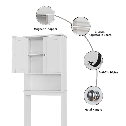 Shintenchi Over The Toilet Storage Cabinet, Bathroom Shelf Organizer with Anti-Tip Device Small Freestanding Space Saver with Adjustable Shelf，White