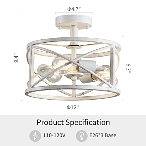 WUZUPS Chandelier 3-Light Vintage Farmhouse Industrial Semi-Flush Mount Ceiling Light Lighting Fixture for Foyer Bedroom Hallway Storage Room Kitchen Bathroom, H 9.4" x W 12", E26 Base, Antique White