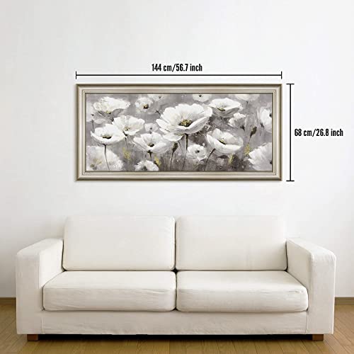 Flower Canvas Wall Art Picture: Living Room Abstract Floral Framed Painting Decor Modern White Blooming Blossom Artwork Large Botanical Wildflower Prints for Bedroom Home