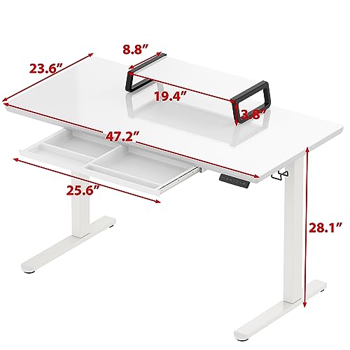 SHW 48-Inch Glass Electric Height Adjustable Desk with Monitor Riser and Drawer, White