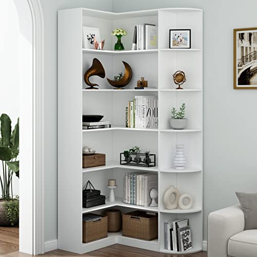 Loomie White Book Shelf, 6 Tiers Shelf Large Tall Corner Etagere Bookcase with Full Baffle, L-Shaped Modern Storage Display Industrial Bookshelves for Bedroom, Home Office, Living Room & Kitchen