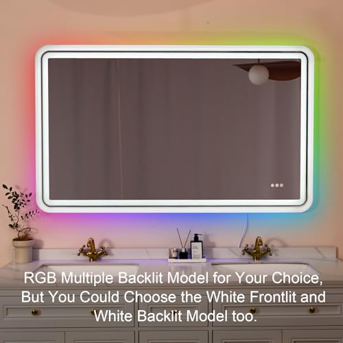 ANDY STAR Led Bathroom Mirror 24''x40'', Lighted Bathroom Vanity Mirror Rounded Rectangle, Glossy White Beveled Metal Frame, 3 Color Front Light+WRGB Backlit Stepless Dimmable, Anti-Fog, CRI>90