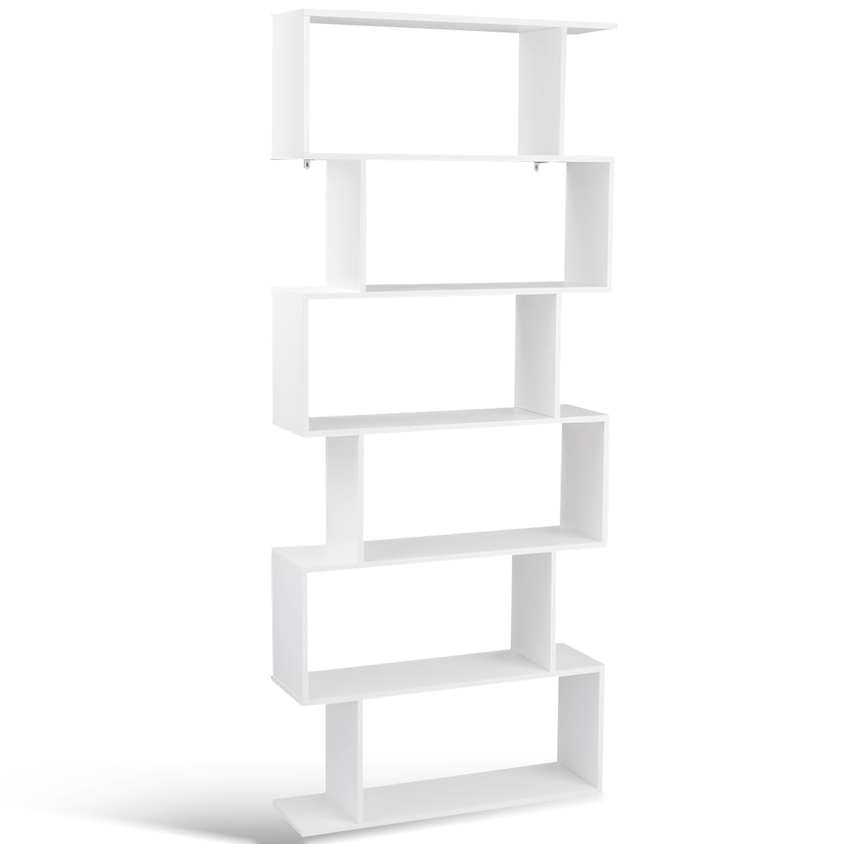 Tangkula 6 Shelf Bookcase, Modern S-Shaped Z-Shelf Style Bookshelf, Multifunctional Wooden Storage Display Stand Shelf for Living Room, Home Office, Bedroom, Bookcase Storage Shelf (2, White)