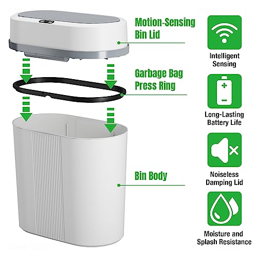 NiHome Automatic Bathroom Trash Can with Lid, 2.5 Gallon Touchless Smart Narrow Trash Bin Motion Sensor Plastic Garbage Can, Waterproof Slim Small Trash Can for Bathroom, Kitchen, Bedroom - White