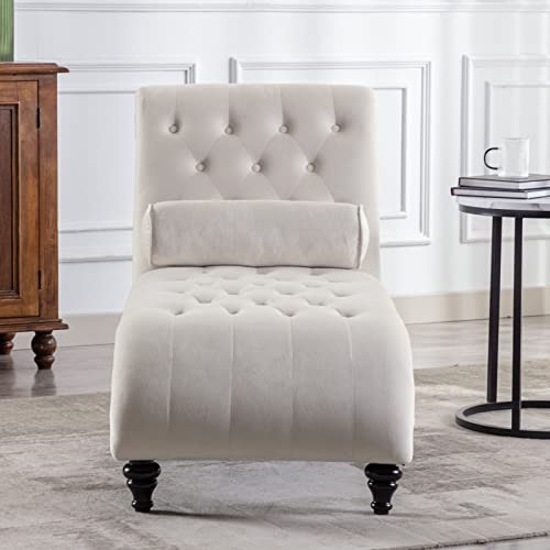 ONPNO Tufted Velvet Chaise Lounge Indoor, Leisure Accent Chair Upholstered Couch with Toss Pillow for Bedrooom Living (White) 55.1D x 25W x 34.3H in