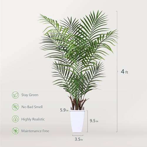 Kazeila Artificial Palm Tree 4FT Tall Faux Tropical Palm Plant with White Taper Planter Fake Greenery Potted Plant for Home Office Decor Indoor