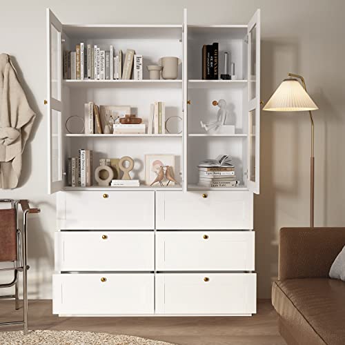 AIEGLE Large Bookshelf Set, Tall Bookcase Display Bookshelf with 6-Drawer & Acrylic Doors, Home Office Display Storage Cabinet, White (47.2" W x 15.7" D x 70.9" H)