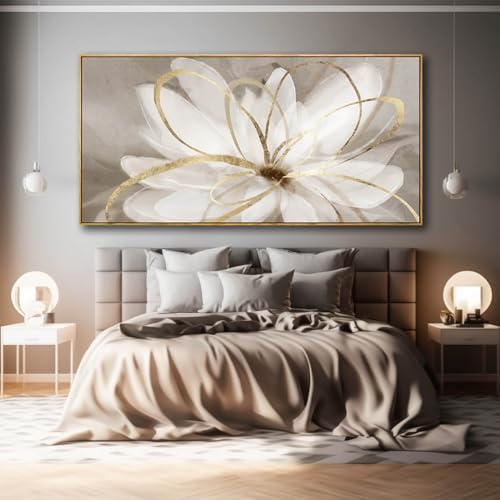 SOUGUAN Room Decor Large Canvas Wall Art Living Room Decor Gold Wall Decor Line Picture Artwork White Floral Wall Decor Modern Painting for Bathroom Bedroom Office 30x60in