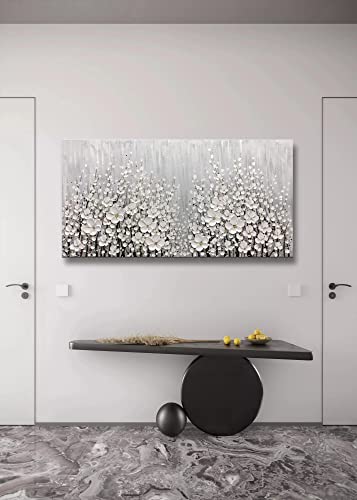 V-inspire Art, 30x60 Inch Hand Painted 3D White Flowers Wall Art Abstract Canvas Oil Paintings Wall Decorations for Living room Dining room Bedroom Artwork for Home Walls