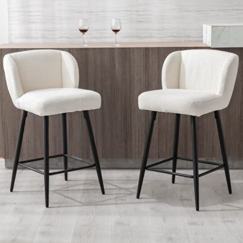 RIVOVA 26 inch Counter Height Bar Stools with Back Set of 6 for Kitchen Counter Modern BarStools Faux Sherpa Upholstered Counter Stools with Footrest for Club Pub Bistro, White